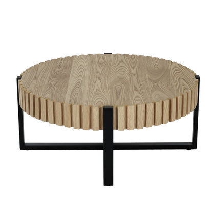 31.5inch  Round Drum Coffee Table MDF Wood Grain Industrial Metal Base