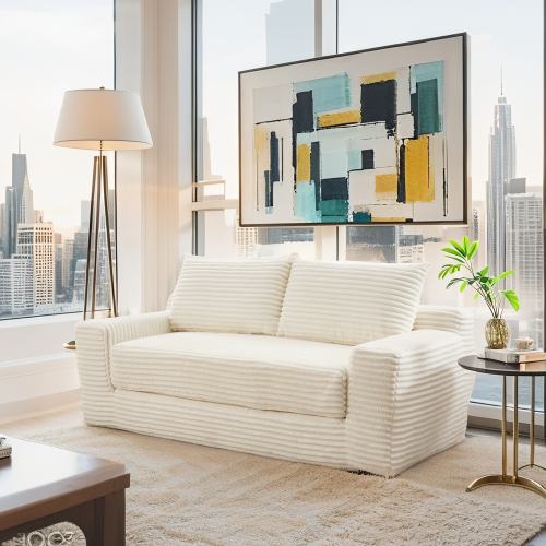 56-Inch Beige Corduroy Memory-Foam Compression Loveseat Sofa-Bed