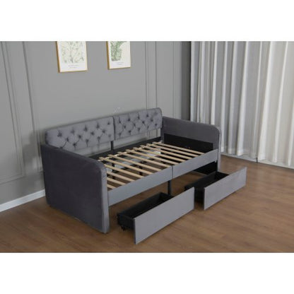 Twin Size Upholstered Daybed with 2 Storage Drawers and USB Charging Design, Velvet Upholstered Daybed Frame, Twin Sofa Bed for Living Room Bedroom, No Box Spring Needed,Plush Velvet Fabric