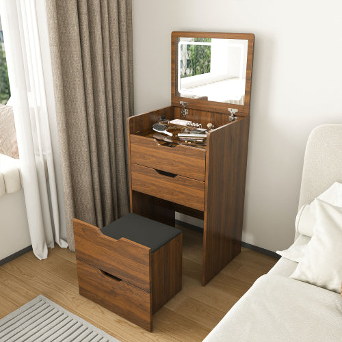 Walnut 3-in-1 Vanity Desk with Lighted Mirror & Stool, Flip Top Makeup Table, Compact Storage for Bedroom