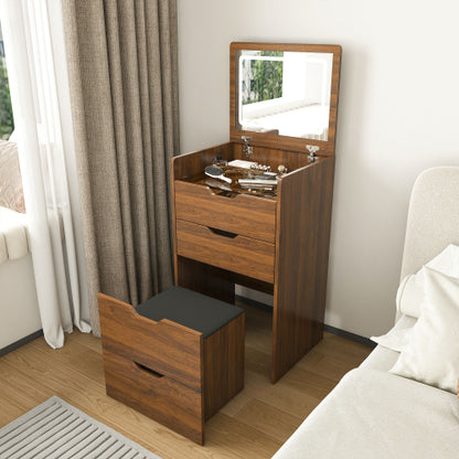 Walnut 3-in-1 Vanity Desk with Lighted Mirror & Stool, Flip Top Makeup Table, Compact Storage for Bedroom