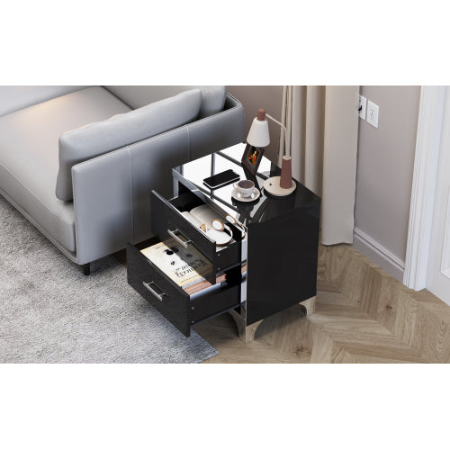 High Gloss Mirrored Nightstand with 2 Drawers,Modern End Table with Drawers,Mirrored High Gloss Wood Nightstand Metal Handle Bedside End Table for Bedroom, Dorm,Living Room,Black