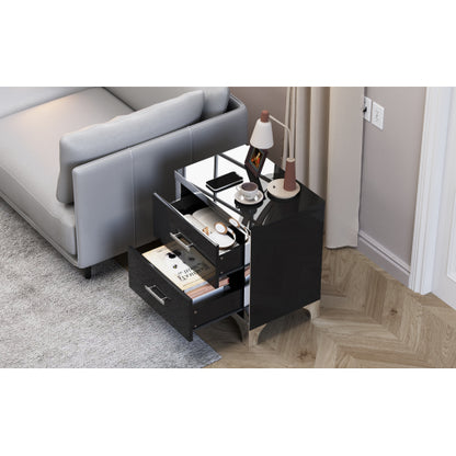 High Gloss Mirrored Nightstand with 2 Drawers,Modern End Table with Drawers,Mirrored High Gloss Wood Nightstand Metal Handle Bedside End Table for Bedroom, Dorm,Living Room,Black