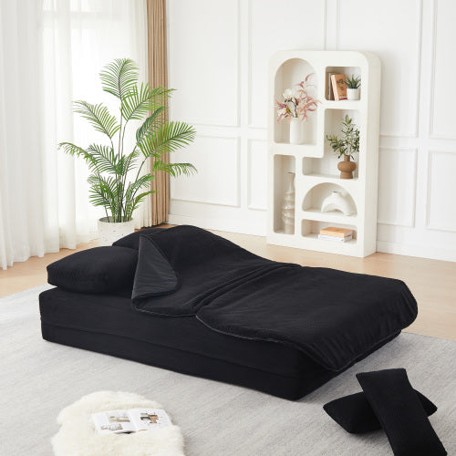 75 inch  Corduroy Convertible Floor Sofa Bed with Built-in Blanket & 4 Pillows