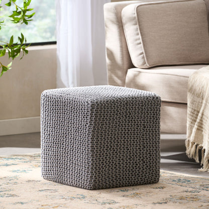 Light Gray Hand-Knitted Cotton Ottoman Foot Stool, Plush Cozy Compact Accent Seat