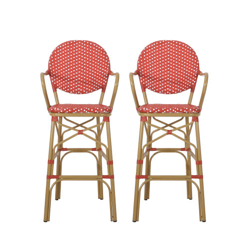 Outdoor Wicker and Aluminum 29.5" French Barstools, Set of 2, Red, Bamboo Print Finish