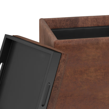 Storage Ottoman with Tray 17 Inch Cube Vegan Leather Footrest