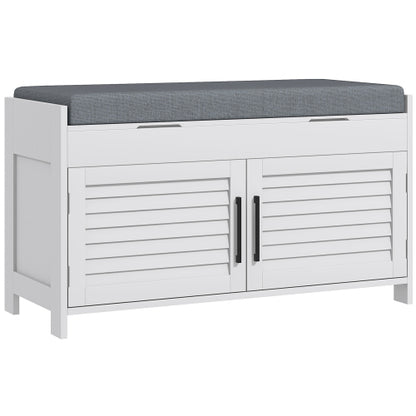 Shoe Bench, Entryway Bench with Shoe Storage, Cushion, Hidden Compartments, Adjustable Shelves and Shutter Doors, 35.4inch  Shoe Organizer for Entryway, Hallway, Holds Up to 352 lbs., White