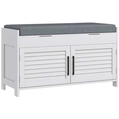 Shoe Bench, Entryway Bench with Shoe Storage, Cushion, Hidden Compartments, Adjustable Shelves and Shutter Doors, 35.4inch  Shoe Organizer for Entryway, Hallway, Holds Up to 352 lbs., White