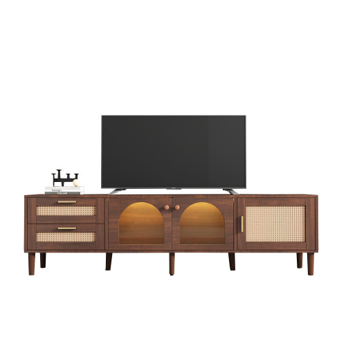 Rattan TV Stand with Drawers Glass Doors and LED Lights for 80 Inch TVs