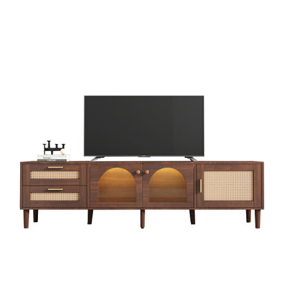 Rattan TV Stand with Drawers Glass Doors and LED Lights for 80 Inch TVs