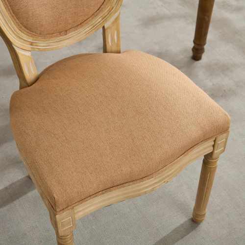 Set of 2 Tan French Solid Wood Antique Painted Linen Dining Chairs, Carved Frame 300 LBS Weight Limit