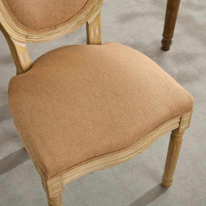 Set of 2 Tan French Solid Wood Antique Painted Linen Dining Chairs, Carved Frame 300 LBS Weight Limit