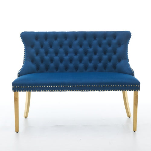Velvet Double Dining Loveseat Bench, Kitchen & Dining Seating, 2-Seat Tufted Bench w/Handmade Buttons, Wing Back, Gold-Plated Steel Legs, Mid Century Modern,Single Pack,Blue