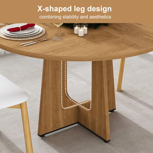 47 Inch Round Farmhouse Dining Table, Oak Finish