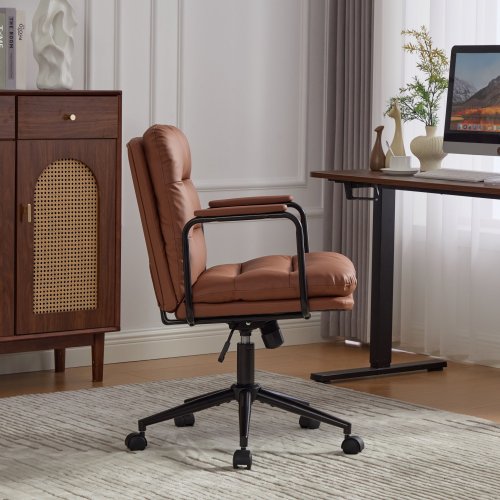 Office Chair,Mid Back Home Office Desk Task Chair with Wheels and Arms Ergonomic PU Leather Computer Rolling Swivel Chair with Padded Armrest,The back of the chair can recline 40°(Brown)