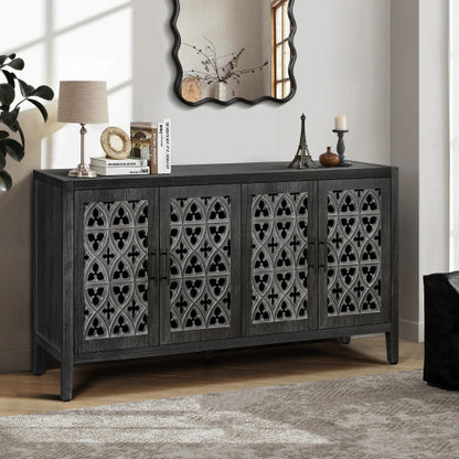 Antique Black Hollow Floral Four-Door Cabinet American Country Style Adjustable Layer Wooden Living Room TV Storage Cabinet