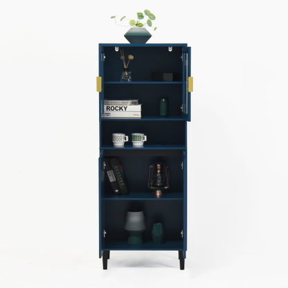 Navy Blue 4-Door Adjustable Tempered Glass Tall Storage Bookcase Cabinet