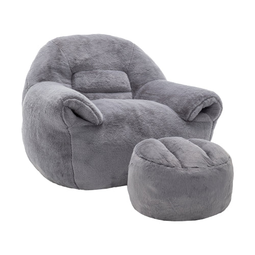 Grey Faux-Fur Bean-Bag Sofa Chair with Backrest & Footstool
