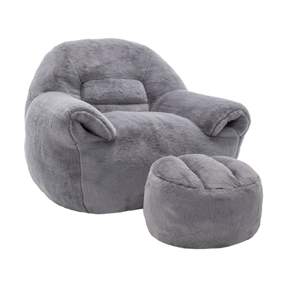 Grey Faux-Fur Bean-Bag Sofa Chair with Backrest & Footstool