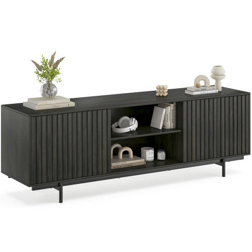 63 Inch Mid Century Fluted Retro Pop-Up Door TV Stand for 75 Inch TV with Removable Storage Shelves