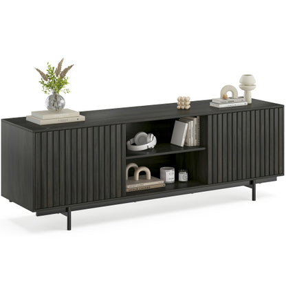 63 Inch Mid Century Fluted Retro Pop-Up Door TV Stand for 75 Inch TV with Removable Storage Shelves
