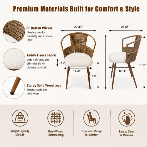 PE Rattan Dining Armchairs with Teddy Seats, Set of 2, Beige/Brown