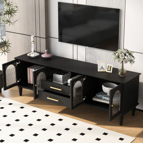 68.9 Inch Retro Fluted Glass TV Stand for 75 Inch TV with 5 Solid Pine Legs