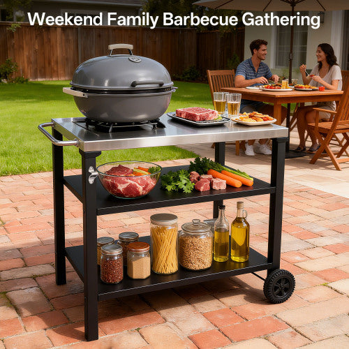 3-Tier Outdoor Grill Cart with Stainless Steel Top, Movable BBQ Prep Table with Wheels, Rolling Serving Bar Cart for Patio, Backyard, Pizza Oven Stand, Black