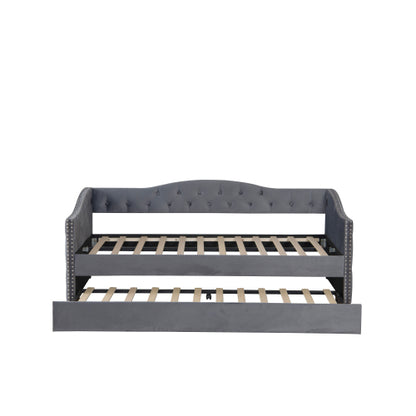 Twin Size Upholstered Daybed with Trundle and USB Charging Design, Sturdy Wood Slat Support, Wood Bed Frame for Bedroom/Guestroom/Dorm,Plush Velvet Fabric,Gray