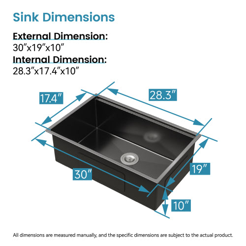 Stainless Steel Kitchen Sink, 30″x19″ Single Bowl, Undermount Handmade Sink in Black, with Cutting Board, Colander