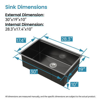Stainless Steel Kitchen Sink, 30″x19″ Single Bowl, Undermount Handmade Sink in Black, with Cutting Board, Colander