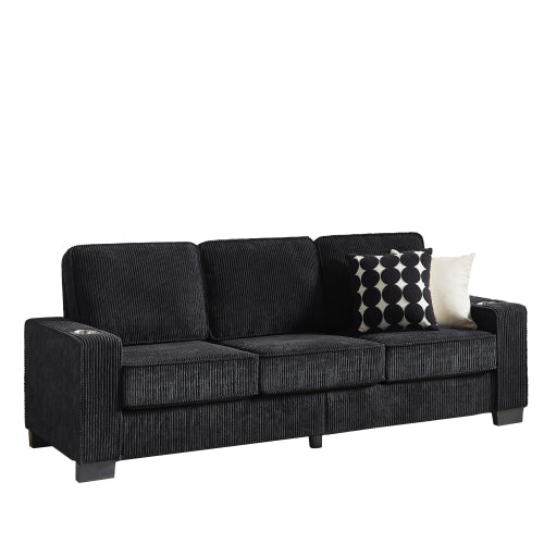 Black 83.86 inch  Corduroy 3Seater Compressed Sofa with Dual CupHolders