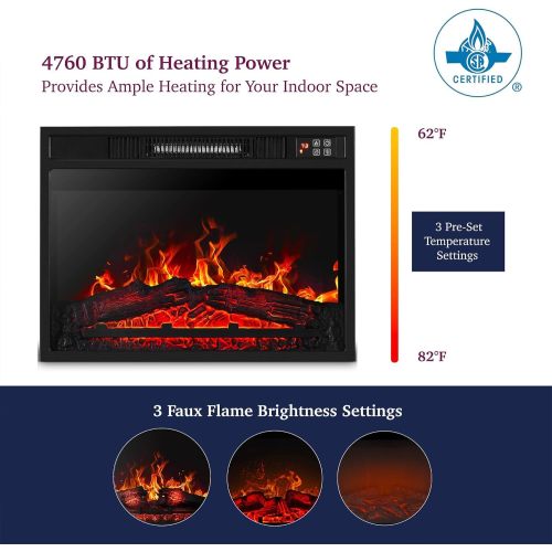 23" Electric Fireplace, 3DInfrared Black Fireplace Electric Insert Heater, with IR Remote Control, Glass View, Adjustable Realistic Logs & Flames
