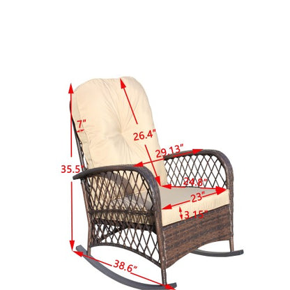 Outdoor Wicker Rocking Chair with Wide Seat, Thick, Soft Cushion, Rattan Rocker w/Steel Frame, High Weight Capacity for Patio, Garden, Backyard, Shallow brown Cushion