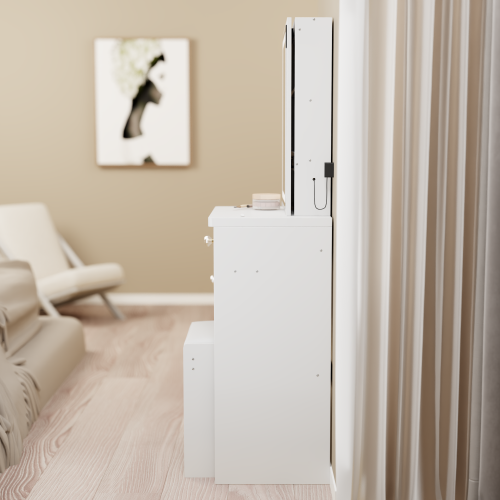 29.2inch  Small Size Left Bedside Cabinet LED Mirror Vanity Table + Cushioned Stool, Large Sliding, Touch Control, 3-color Switch, Brightness Adjust Mirror, High Capacity Storage, EPA, GCC, UL Certificate