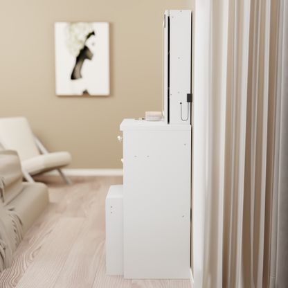 29.2inch  Small Size Left Bedside Cabinet LED Mirror Vanity Table + Cushioned Stool, Large Sliding, Touch Control, 3-color Switch, Brightness Adjust Mirror, High Capacity Storage, EPA, GCC, UL Certificate