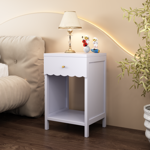 Modern  Nightstand with Drawer and Open Shelf,Scalloped Edge Bedside Table for Bedroom, Cute Minimalist Side Table for Kids Room or Girls' Room,Light Purple