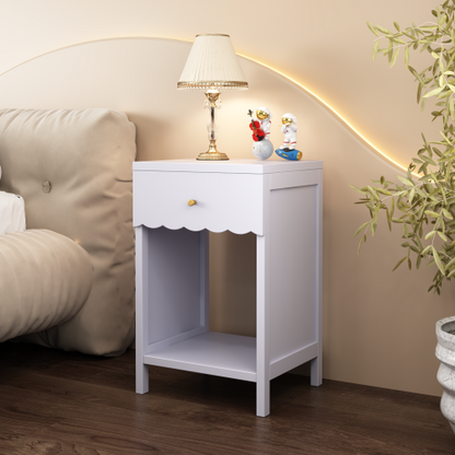 Modern  Nightstand with Drawer and Open Shelf,Scalloped Edge Bedside Table for Bedroom, Cute Minimalist Side Table for Kids Room or Girls' Room,Light Purple