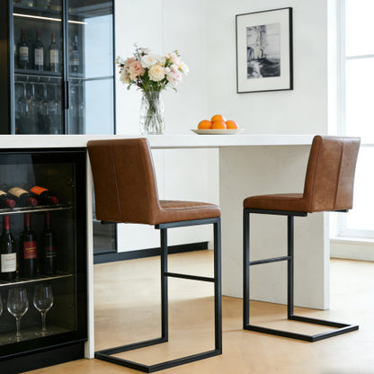 Back Brown Faux Leather Bar Stool ¨C Sturdy Black Metal Frame & Padded Seat, Stylish Seating for Kitchen Island, Home Bar & Dining Counter,2 Sets