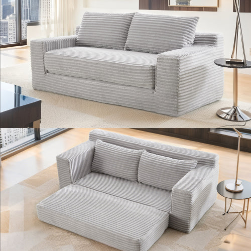 56-Inch Grey Corduroy Memory-Foam Compression Convertible Loveseat Sofa No-Assembly for Small-Space Apartment Home-Office