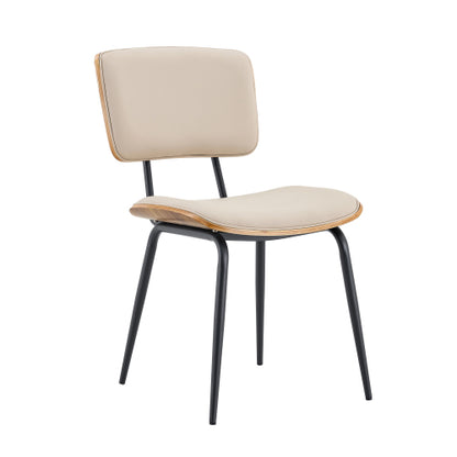 Mid-Century Faux Leather Dining Chairs Set of 2, Walnut Veneer Backrest & Metal Legs, White