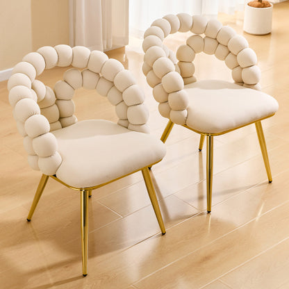 2 Pack Beige Velvet Dining Chairs, Bubble Cushion Back Accent Chairs with Gold Finished Metal Legs