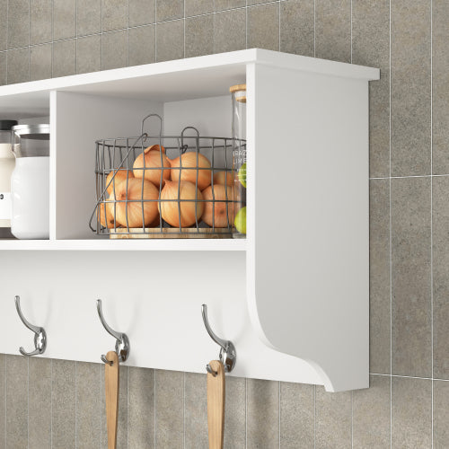 White Entryway Wall Mounted Coat Rack with 4 Dual Hooks Living Room Wooden Storage Shelf