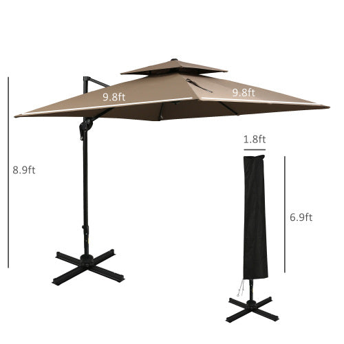 Outsunny 10ft Offset Patio Umbrella with Base, Double Top Hanging Aluminum Cantilever Umbrella with 360-degree Rotation, Easy Tilt, 8 Ribs, Crank, Cross Base, Cover, Strap, Coffee