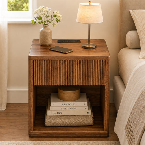 Large Fluted Mid-Century Nightstand, Engineered Wood Bedside Table with Drawer & Open Compartment