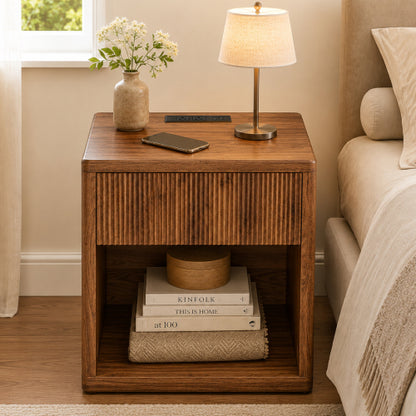 Large Fluted Mid-Century Nightstand, Engineered Wood Bedside Table with Drawer & Open Compartment