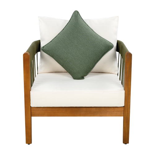 Acacia Wood Outdoor Club Chair with Handwoven Rope Accents & Curved Backrest - Water-Resistant Boho Patio Lounge Chair with Removable Cushions for Porch, Garden