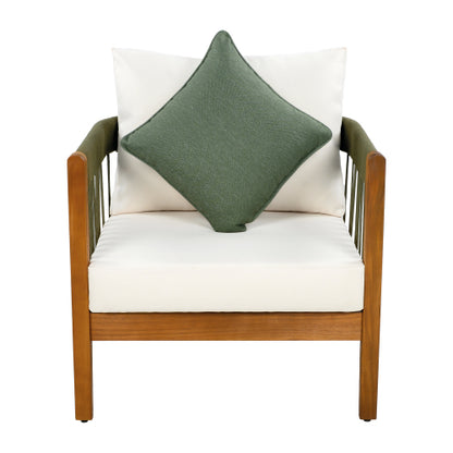 Acacia Wood Outdoor Club Chair with Handwoven Rope Accents & Curved Backrest - Water-Resistant Boho Patio Lounge Chair with Removable Cushions for Porch, Garden