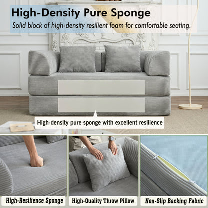 Light-Gray 5-in-1 Convertible Corduroy Sleeper Floor Sofa-Bed Reinforced-Metal-Frame 800LB Capacity No-Assembly
